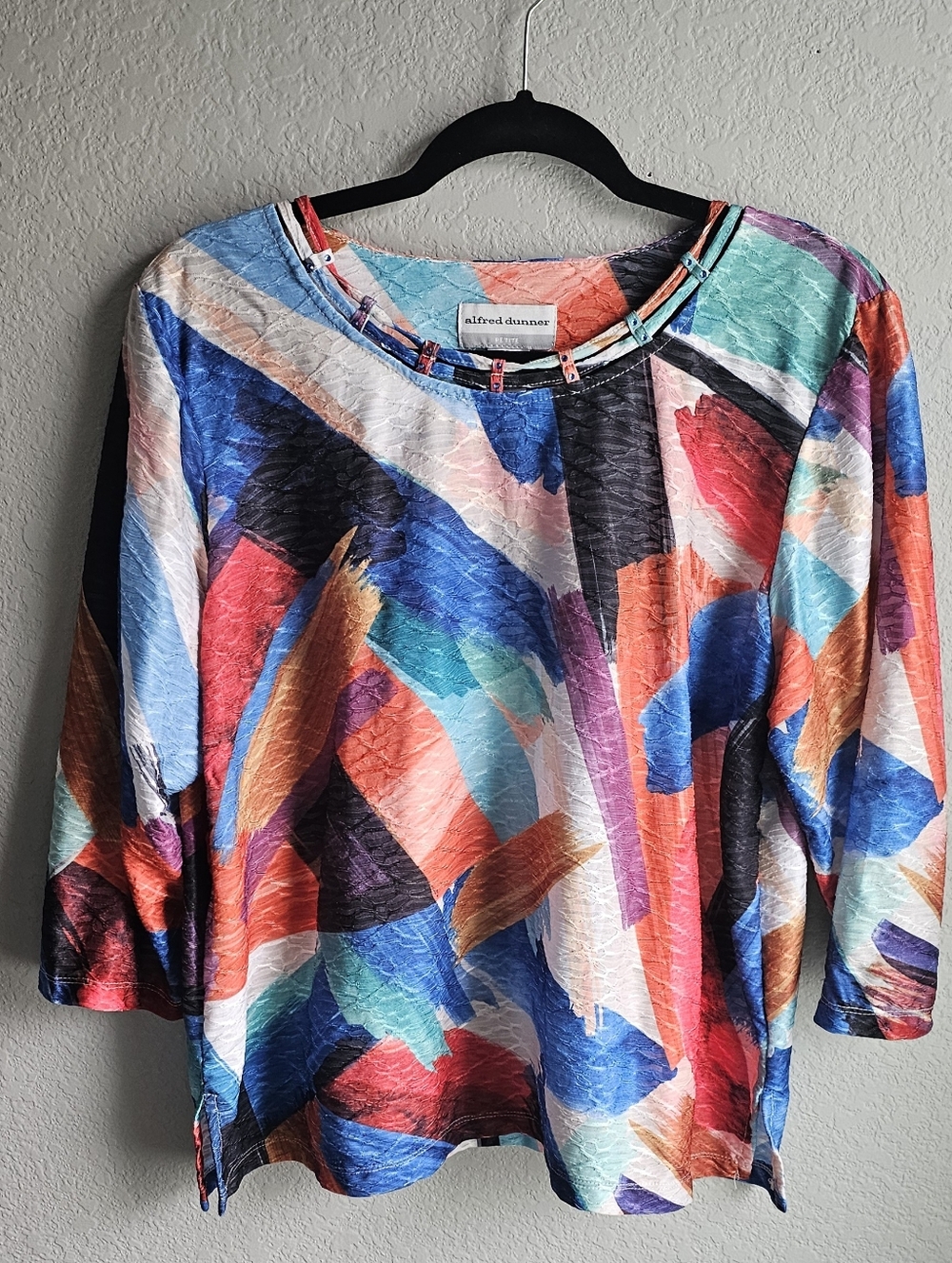 Alfred Dunner Petite XL Abstract Print Textured Top 3/4 Sleeve Stretch Blouse
